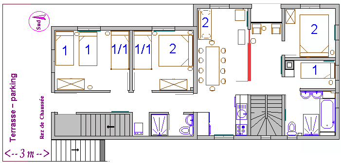 Plan de l'appartement rez de chausse Plney, en location meuble de vacances dans le chalet Arthur  Morzine- France